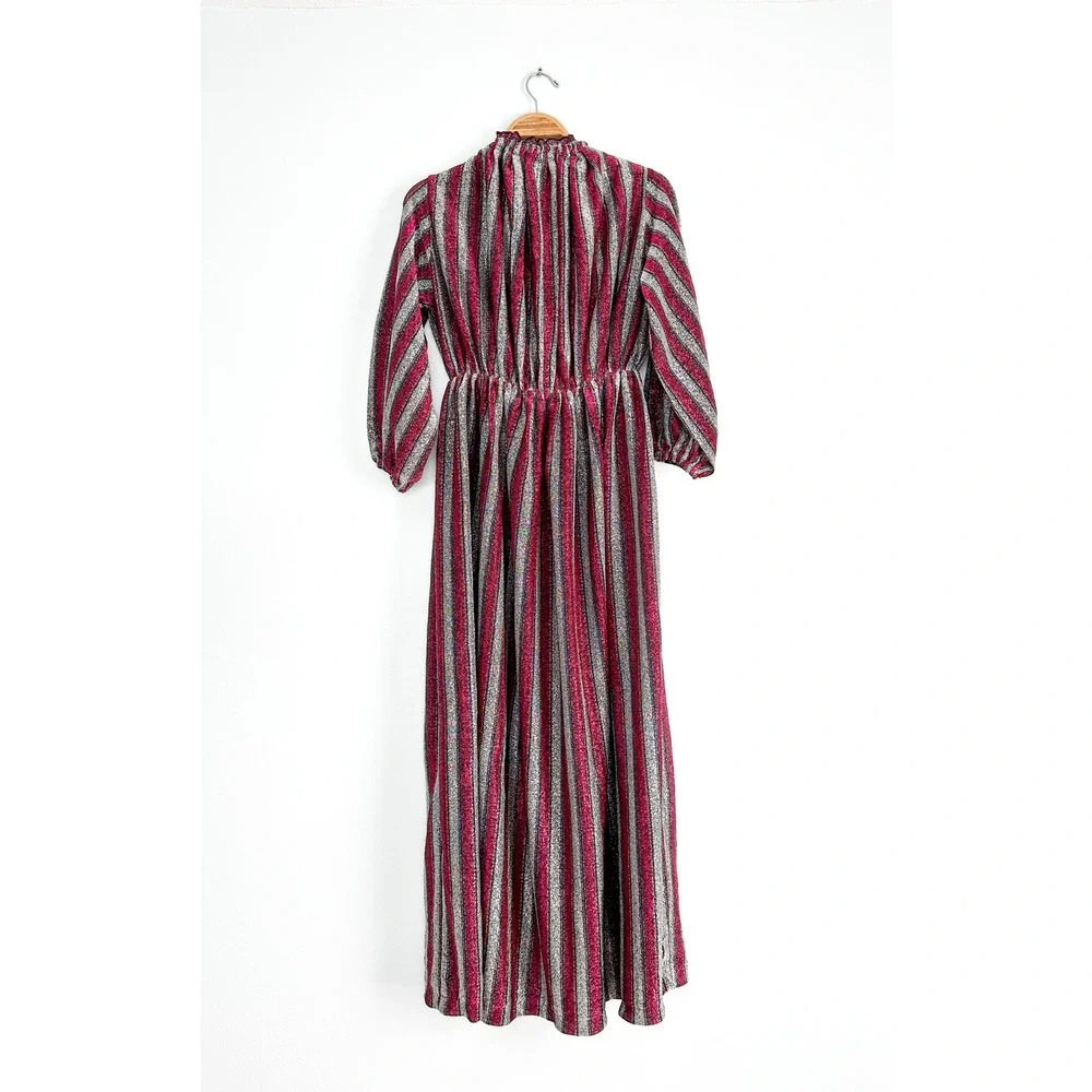 Vintage 70s Magenta Silver Stripe Glitter Sparkle Disco Party Maxi Dress small - Picture 5 of 6